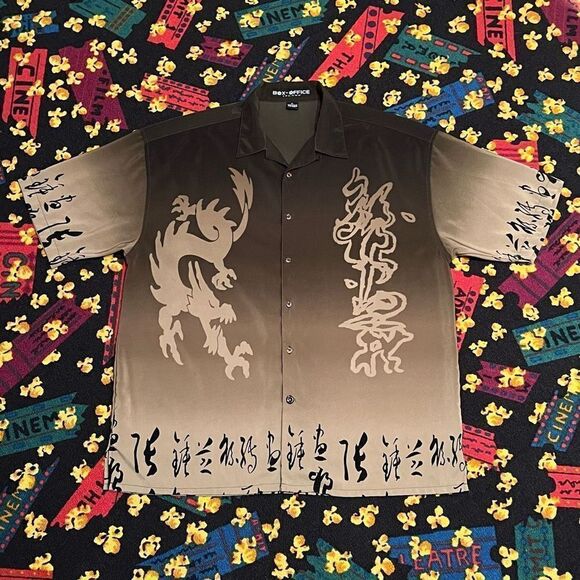 VTG JAPANESE DRAGON Box Office Island All Over Print Button Down Shirt / Size XL - Picture 1 of 3